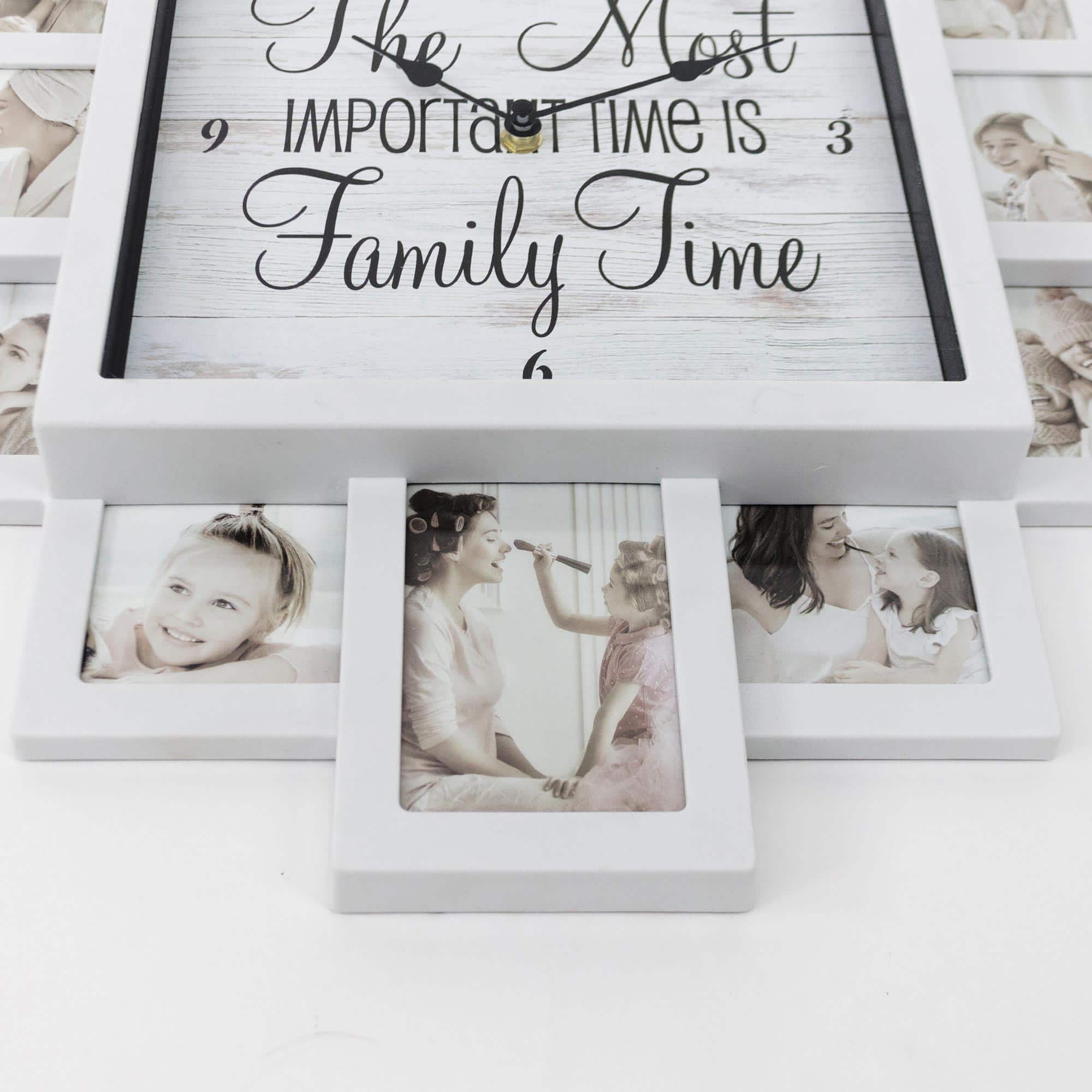 White Farmhouse Shabby-Chic "Family Time" Picture Frame Wall Collage Clock